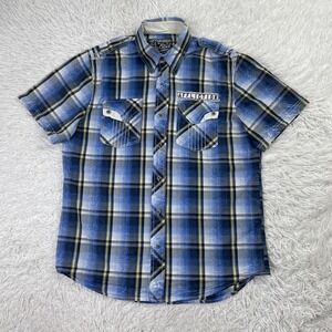 Affliction Shirt Mens Large Blue Plaid Athletic Fit Black Premium Button Up L